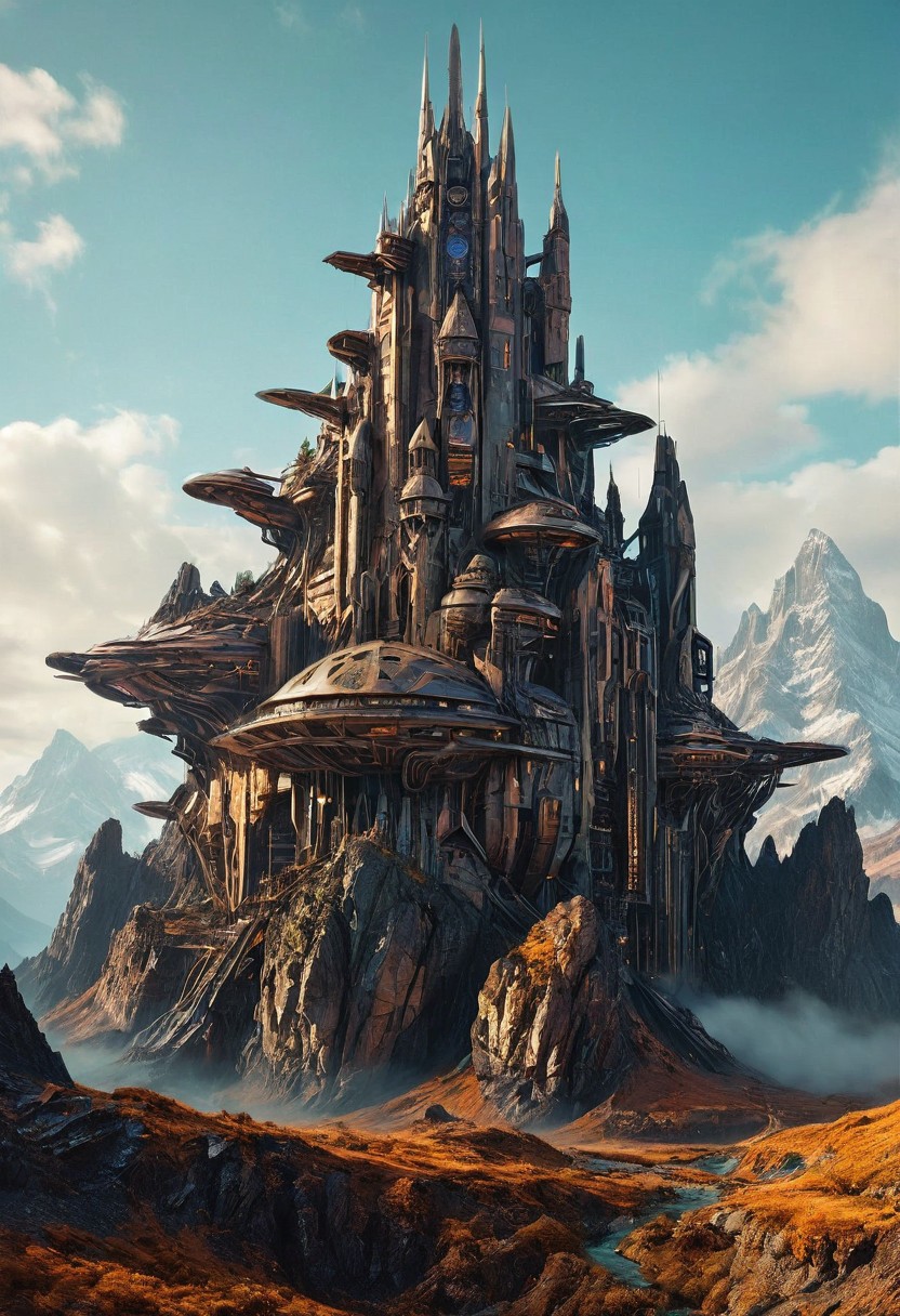 Visualize a futuristic mountain , symbolizing online community in the style of incorporate elements that evoke a sense of building with a large spaceship complex,  concept art by Igor Kieryluk, gothic art,  fantastical, film photography style, heavy grain