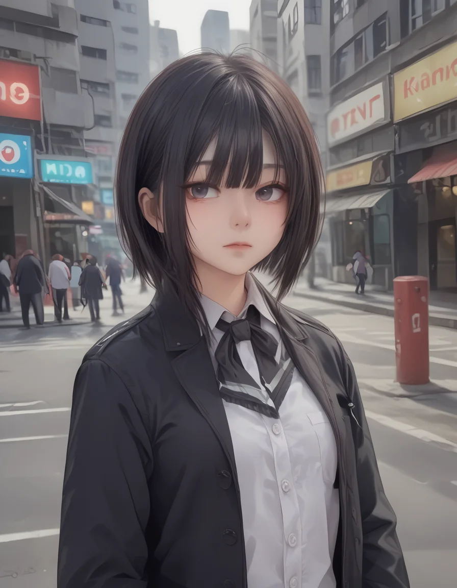 anime artwork GTA-style artwork cinematic film still A rebellious girl with leaning against a Citroen DS 32 with dual headlights,parked in a neon-lit urban area,
1girl,<lora:SUYA_TAT:1>,medium breasts,black eyes,<lora:Anime_detail_eye:0.7>,black hair,short hair,hime cut,messy hair,blunt bangs,
with her jacket adorned with very artistic letters displaying the word ("Klauss2":1.8), . shallow depth of field, vignette, highly detailed, high budget, bokeh, cinemascope, moody, epic, gorgeous, film grain, grainy . satirical, exaggerated, pop art style, vibrant colors, iconic characters, action-packed . anime style, key visual, vibrant, studio anime, highly detailed