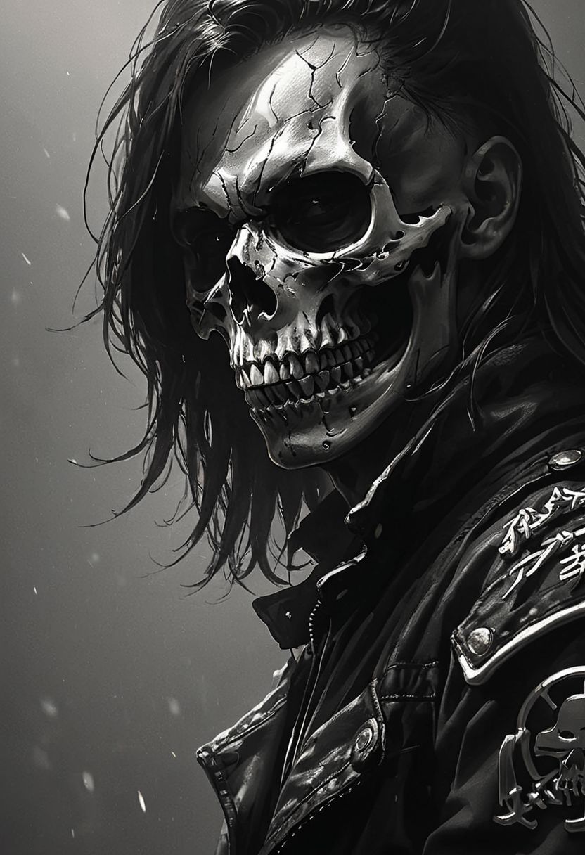 photorealistic, assassinkahb style, amazing quality, masterpiece, best quality, hyper detailed, ultra detailed, UHD, perfect anatomy, portrait, dof, hyper-realism, majestic, awesome, inspiring, a black and white photo of an assassin wearing a motorcycle jacket with japanese writing on the back, solo, simple background, skull, white background, jacket, monochrome, upper body, greyscale, male focus, long hair in wind, weapon, clothes writing, skull, skeleton, japanese flag, cinematic, global illumination, dramatic, tearing the sky, atmospheric haze, cinematic composition, soft shadows,