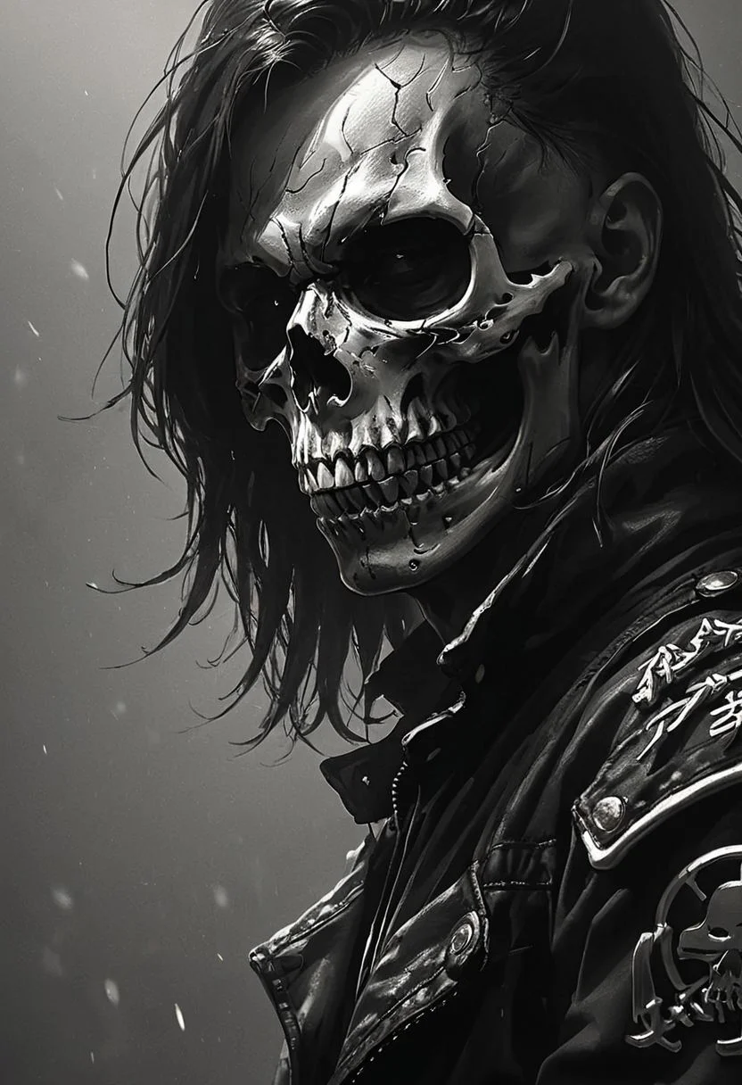 photorealistic, assassinkahb style, amazing quality, masterpiece, best quality, hyper detailed, ultra detailed, UHD, perfect anatomy, portrait, dof, hyper-realism, majestic, awesome, inspiring, a black and white photo of an assassin wearing a motorcycle jacket with japanese writing on the back, solo, simple background, skull, white background, jacket, monochrome, upper body, greyscale, male focus, long hair in wind, weapon, clothes writing, skull, skeleton, japanese flag, cinematic, global illumination, dramatic, tearing the sky, atmospheric haze, cinematic composition, soft shadows,