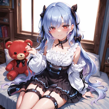 score_9, score_8_up, score_7_up, source_anime,((masterpiece, best quality, illustration)),M-Da_S-Tarou, hand-drawn ink and acrylic sketch,(((detailed lighting, rendered, perfect hair, detailed face and body, detailed fingers))) 1girl, solo, long hair, looking at viewer, blush, smile, bangs, skirt, hair ornament, red eyes, thighhighs, bow, sitting, blue hair, hair bow, frills, choker, black skirt, stuffed toy, fishnets, fishnet thighhighs, jirai kei
