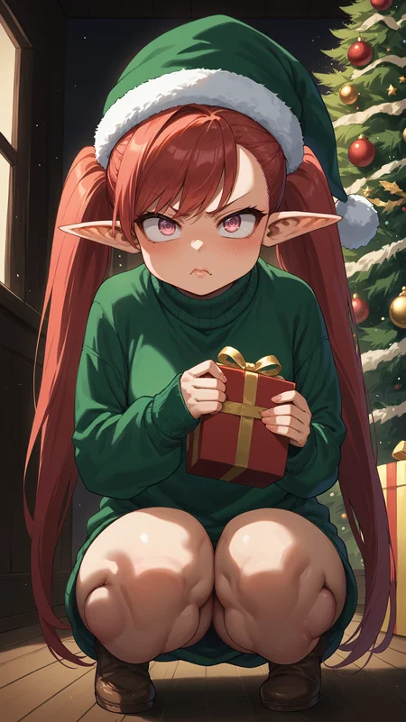 score_9,score_8_up,score_7_up,score_6_up, <lora:xl_more_art-full_v1:0.5>, source_anime, girl, dynamic pose, squatting, <lora:Manami Aiba (La Brava) - Pony-000004:0.8>, red hair, long twintails, pink eyes, large eyes, pout, pouty lips, upset, green sweater, oversized sweater, elf hat, christmas tree, dim lighting, dark room, puffy cheeks, pointy ears, holding present, embarrassed, living room,