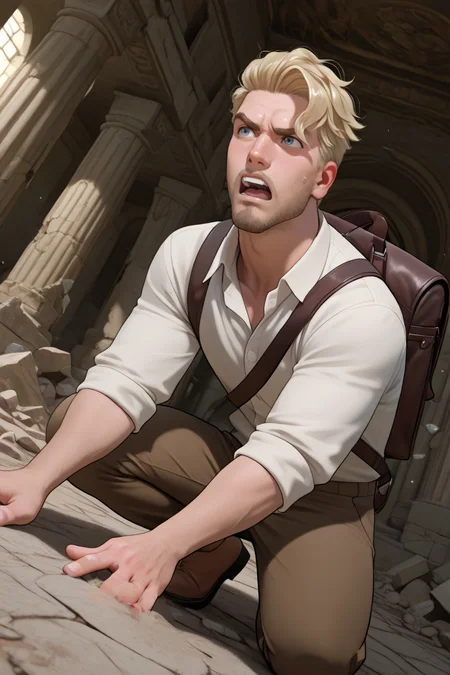 best quality, amazing quality, very aesthetic, absurdres, newest, dynamic angle, intricately detailed illustration, depth of field, masterpiece, volumetric lighting, expressive, dynamic action, masterpiece, perfect, clean detail, clean lines, smooth shading, perfect, eyes, detailed eyes,Expressiveh,
BREAK, ancient ruins, greek temple, cautious, exploring, messanger bag, looking around, indoors,
BREAK, 1boy, male focus, solo,coralscott,blonde hair,short hair,blue eyes,facial hair, white collared shirt, rolled-up_sleeves, brown pants, brown shoes,