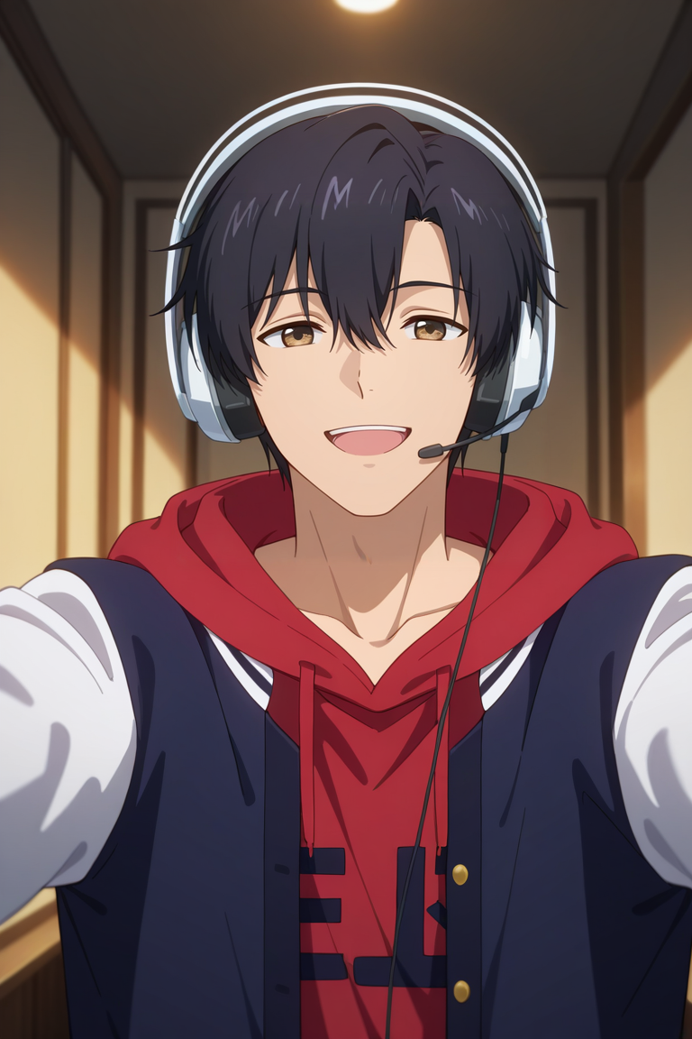 masterpiece, best quality, amazing quality, very aesthetic, high resolution, ultra-detailed, absurdres, newest, scenery, volumetric lighting, depth of field,anime screencap, , , 1boy, solo, male focus, <lora:yexiu:0.70>Ye Xiu, black hair,brown eyes, short hair,Looking at viewer, smile, hair between eyes,open mouth, jacket, collarbone, upper body, indoors,hood,red hoodie,varsity jacket,white sleeves, headphones, hood down, outstretched arms, headset,gaming