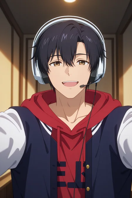 masterpiece, best quality, amazing quality, very aesthetic, high resolution, ultra-detailed, absurdres, newest, scenery, volumetric lighting, depth of field,anime screencap, , , 1boy, solo, male focus, <lora:yexiu:0.70>Ye Xiu, black hair,brown eyes, short hair,Looking at viewer, smile, hair between eyes,open mouth, jacket, collarbone, upper body, indoors,hood,red hoodie,varsity jacket,white sleeves, headphones, hood down, outstretched arms, headset,gaming