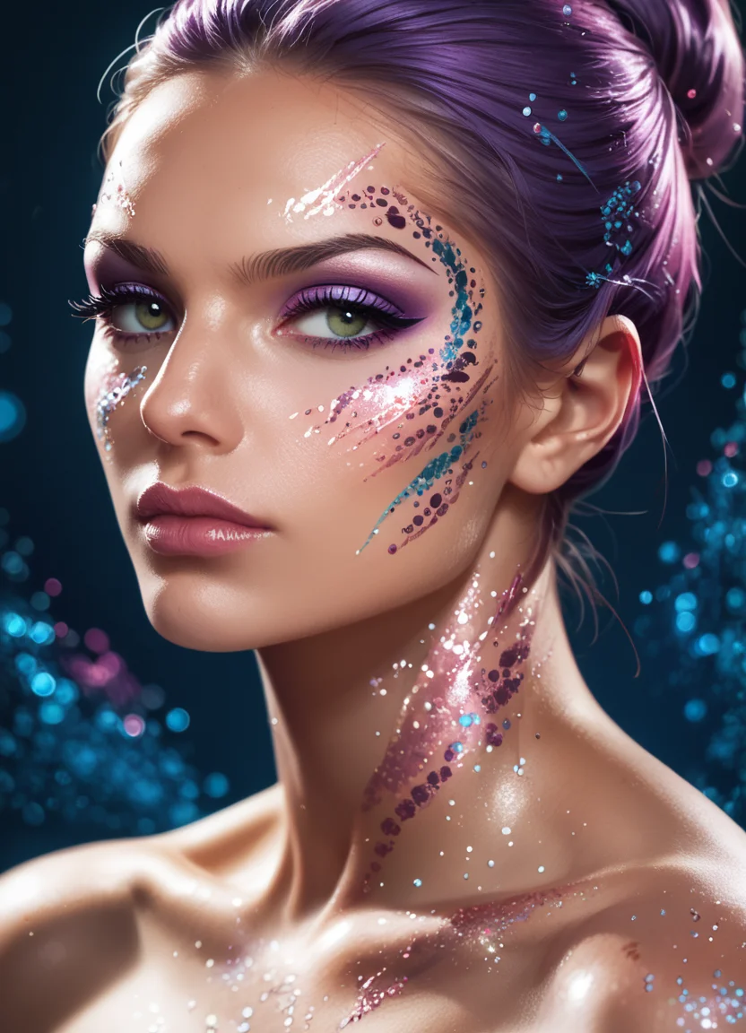 score_9, score_8_up, score_7_up, score_6_up, score_5_up,
woman, face, make-up, portrait, Glitterstyle, eyeshadow, facepaint,
abstract backgound, dynamic pose, masterpiece, best quality, sharp_details, game_cg
 <lora:GlitterStyle_pony:0.8>