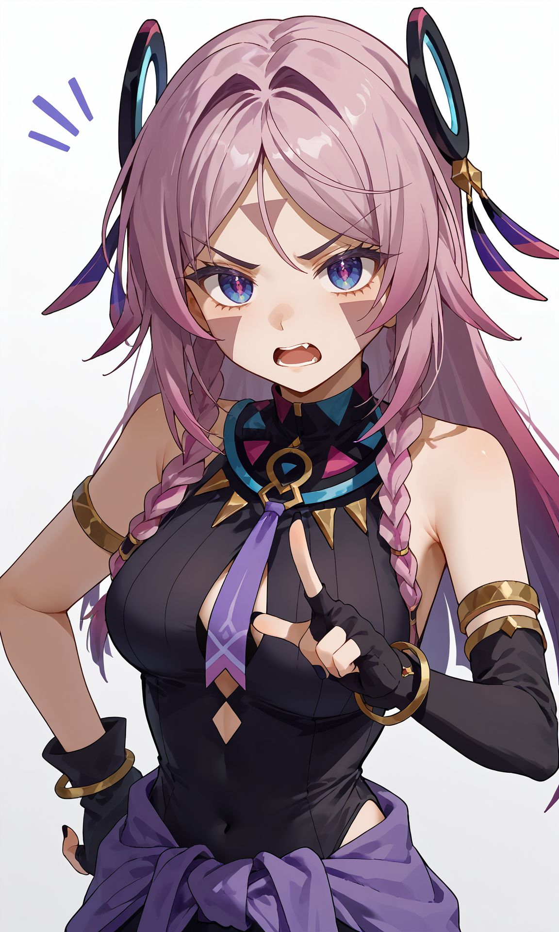 score_9,score_8_up,score_7_up,<lora:citlali_genshin_impact_pdxl_goofy:1>citlali, 1girl, black gloves, open mouth, purple necktie, partially fingerless gloves, looking at viewer, black leotard, gradient hair, lower teeth only, notice lines, armlet, bracelet, jewelry, medium breasts, parted bangs, white background, pointing at viewer, hand on own hip, bare shoulders, twin braids, black shirt, hair intakes, elbow gloves, single fingerless glove, simple background, index finger raised, sleeveless, v-shaped eyebrows, facepaint, single elbow glove, black nails, clothes around waist, gradient background, multiple braids, nail polish