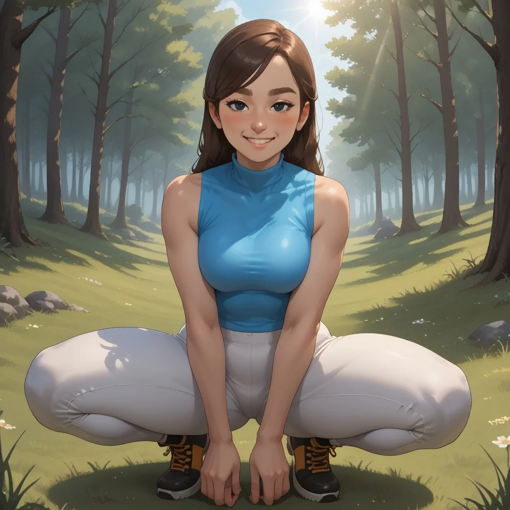 score_9, score_8, BREAK, solo, mii, wii, wii sports, female mii, 1girl, cute, brown hair, brown eyebrows, black eyes, blush, cyan clothing, white pants, shoes, Hiromi_(Wii_Sports), breasts, nintendo mii, modern_mii, classic_mii, sexy pose, smile, outdoors, sunlight, shadows, evening lighting, natural lighting, forest, trees, grass, orange sky, sunset