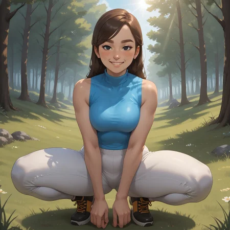 score_9, score_8, BREAK, solo, mii, wii, wii sports, female mii, 1girl, cute, brown hair, brown eyebrows, black eyes, blush, cyan clothing, white pants, shoes, Hiromi_(Wii_Sports), breasts, nintendo mii, modern_mii, classic_mii, sexy pose, smile, outdoors, sunlight, shadows, evening lighting, natural lighting, forest, trees, grass, orange sky, sunset