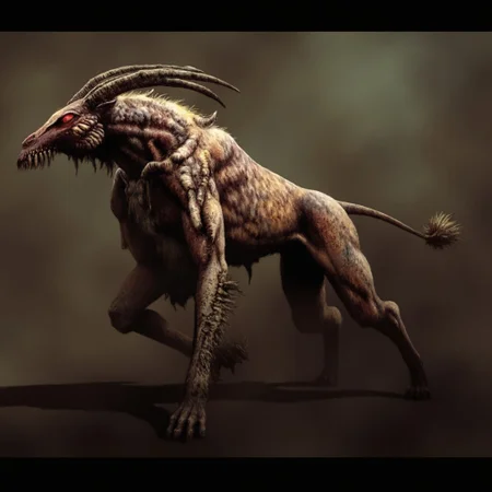 first person pov, 3D01S, simple background atmospheric and powerful dark fantasy, natural organic and first person pov of a 
a ferocious, quadrupedal beast with a hulking, sinewy frame that looks like a blend between a lion, hyena, and prehistoric predator. Its body is covered in patchy, coarse fur, mottled with scar-like markings, and stretched taut over prominent muscles, giving it a grotesque, rugged appearance. Its elongated, almost grotesquely horse-like head sports a maw filled with oversized, jagged teeth that look designed for rending flesh, and its lips are pulled back in a perpetual snarl, exposing yellowed fangs. The creature’s glowing red eyes smolder with malevolent intelligence, constantly scanning its surroundings for prey.
Its legs are stocky and end in cloven hooves, giving it a thunderous gallop, but its agility is uncanny for a creature of its bulk. The tail is long, sinewy, and whip-like, ending in a tuft of matted fur, adding to its predatory nature. Razor-sharp, bone-like ridges protrude slightly from its back, reinforcing the impression that this is a creature designed purely for combat and survival. It exudes a feral, almost supernatural aura, combining the ferocity of a predator with the calculated cunning of an apex hunter, a true monster of ancient nightmares.
UHD letterboxed game trailer frame chromatic aberration dark atmosphere sharp masterpiece with a focus on the character, elden ring style, dark atmosphere, chromatic aberration
