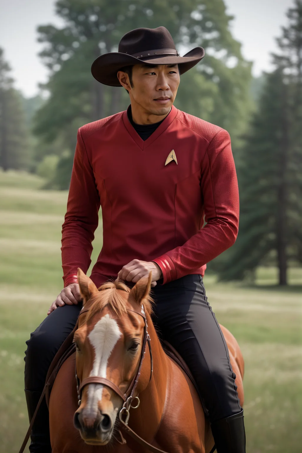 asian man, in red stsnwunf uniform,black pants,cowboy hat,on prairie,riding a horse<lora:SNWXLV2:0.8>, masterpiece, best quality, soft light, bokeh, real shadow, cinematic, subsurface scuttering