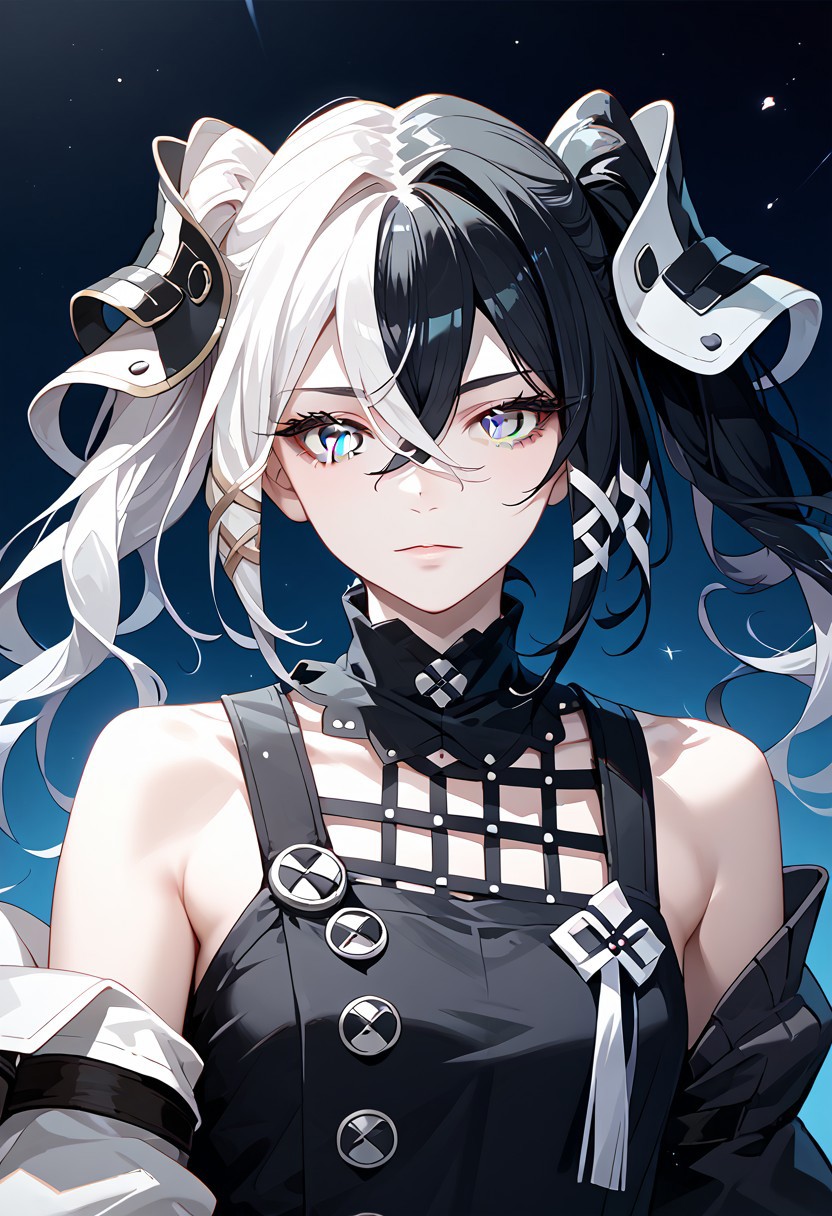 score_9,score_8_up,score_7_up,source_anime,ANTILENE_HERAN_FOUCHE,1girl,solo,looking at viewer,black hair,hair ornament,hair between eyes,twintails,white hair,multicolored hair,two-tone hair,grey eyes,pale skin,