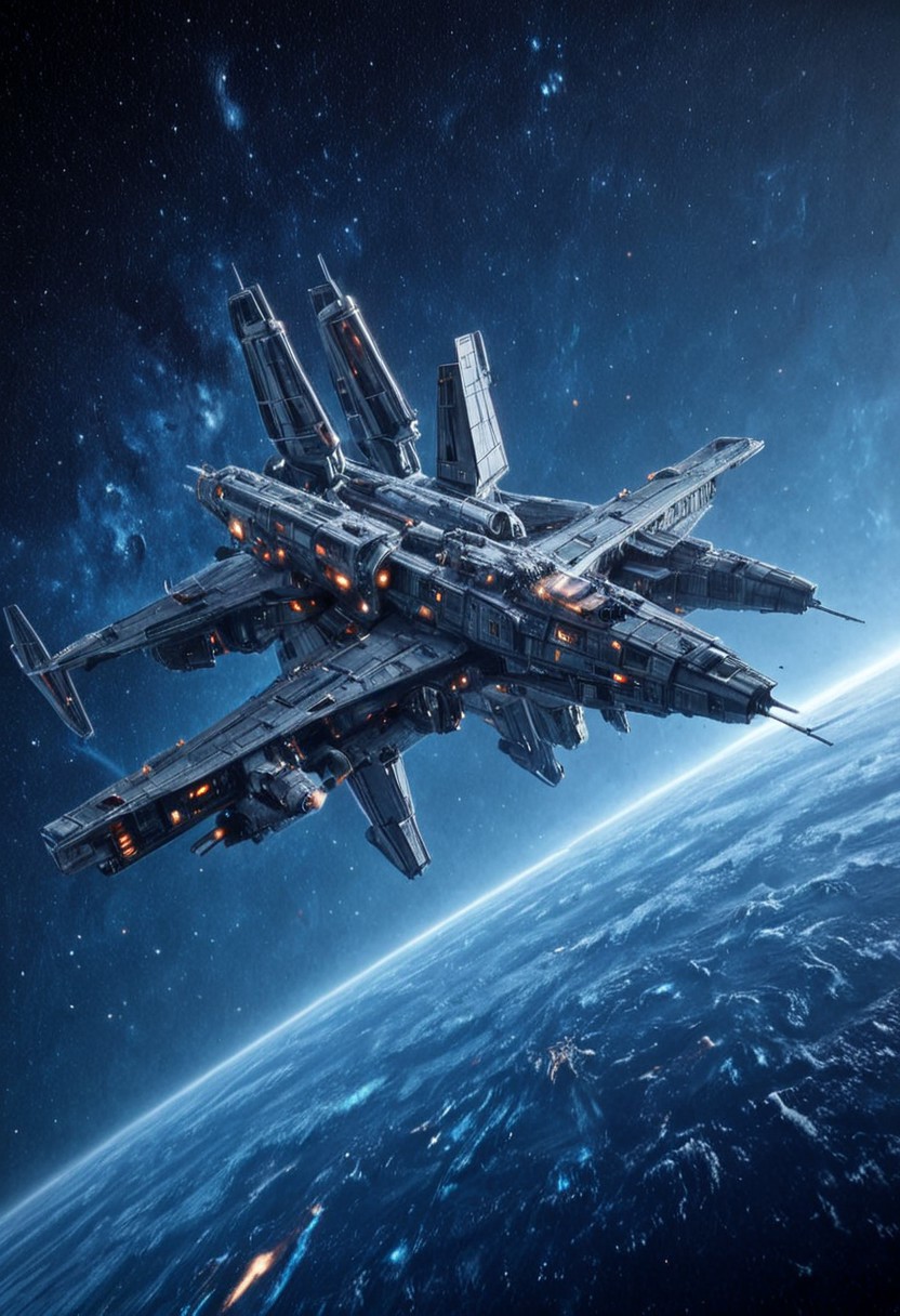 h0rr0rstyl3, orbital view, futuristic warships, heavy space cruisers, spacecraft fleet, CosmicStyle low Earth orbit, advanced starships, sci-fi military vessels, detailed spaceship hulls, tactical formation, deep space backdrop, glowing engine thrusters, cyberpunk space technology, dark metallic textures, starscape environment, strategic positioning, cold space tones, cinematic lighting, large battleships, futuristic aviation, angular design, advanced propulsion systems, weaponized spacecraft, realistic science fiction art, detailed textures, space travel, atmospheric entry layer, near-Earth space, sleek industrial design, blue planet horizon, galactic fleet patrol