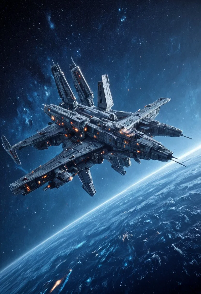 h0rr0rstyl3, orbital view, futuristic warships, heavy space cruisers, spacecraft fleet, CosmicStyle low Earth orbit, advanced starships, sci-fi military vessels, detailed spaceship hulls, tactical formation, deep space backdrop, glowing engine thrusters, cyberpunk space technology, dark metallic textures, starscape environment, strategic positioning, cold space tones, cinematic lighting, large battleships, futuristic aviation, angular design, advanced propulsion systems, weaponized spacecraft, realistic science fiction art, detailed textures, space travel, atmospheric entry layer, near-Earth space, sleek industrial design, blue planet horizon, galactic fleet patrol