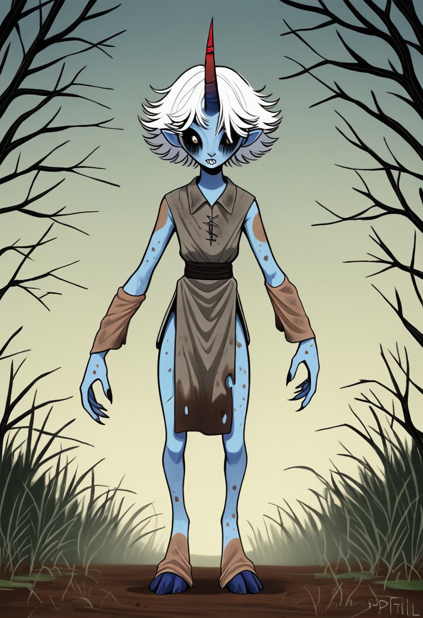 ((Alien humanoid)), solo, androgynous, aquatic features 
blue skin, ((webbed skin between fingers)),
((nostrils only, nostril slits, vertical nasal slits, narrow nostrils)):1.6, ((narrow eyes)), ((black sclera, black irises)), smooth skin,  pointy ears, small ears, tiny ears, holes in skin, forehead horn, short horn, veiny horn, ((single horn)):1.0, ((4 fingers)), fingernails, thin lips, ((white hair)), ((short hair, spiky hair)), sharp teeth, ((digitigrade legs)), bent legs,
full body shot
ragged clothes, muddy clothes, loincloth, tunic, dirty
Medieval style, fantasy style,
style: f33f4l,
((Variety)):1.2
((dutch angle))
river background
fully clothed, loose clothing, clean lines, smooth colors, detailed fingers, sfw, source: semi-realistic, rating: pg, score: 8 up, score: 9