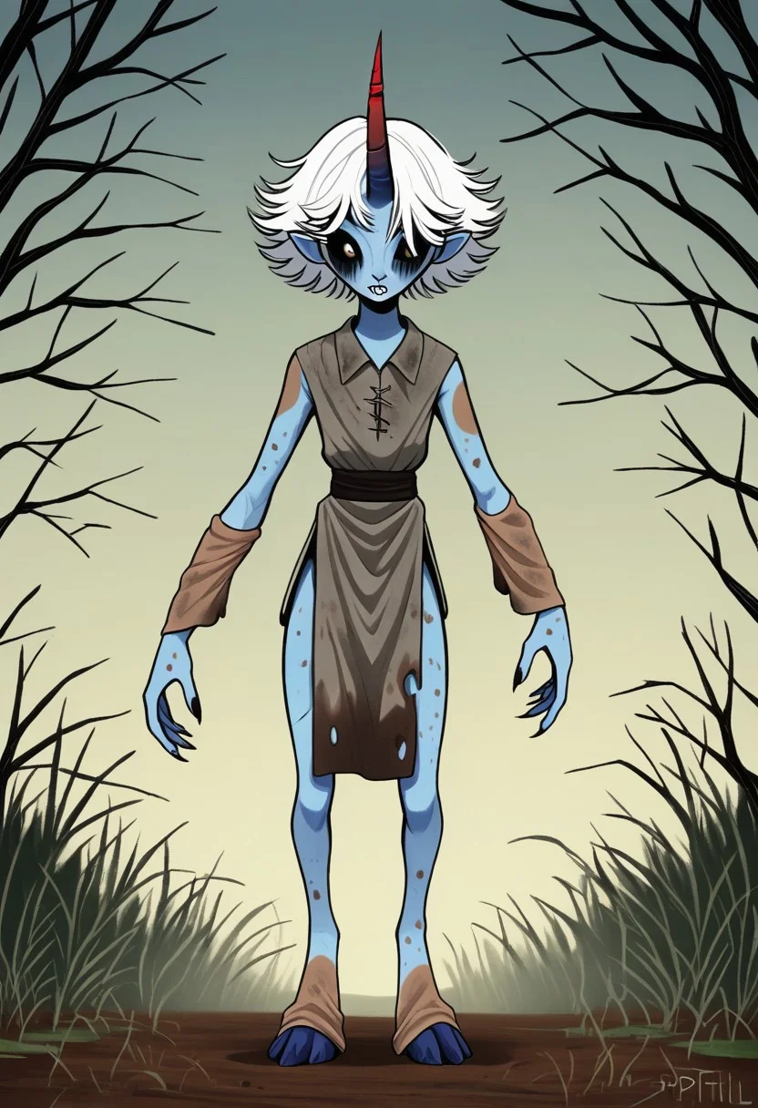 ((Alien humanoid)), solo, androgynous, aquatic features
blue skin, ((webbed skin between fingers)),
((nostrils only, nostril slits, vertical nasal slits, narrow nostrils)):1.6, ((narrow eyes)), ((black sclera, black irises)), smooth skin, pointy ears, small ears, tiny ears, holes in skin, forehead horn, short horn, veiny horn, ((single horn)):1.0, ((4 fingers)), fingernails, thin lips, ((white hair)), ((short hair, spiky hair)), sharp teeth, ((digitigrade legs)), bent legs,
full body shot
ragged clothes, muddy clothes, loincloth, tunic, dirty
Medieval style, fantasy style,
style: f33f4l,
((Variety)):1.2
((dutch angle))
river background
fully clothed, loose clothing, clean lines, smooth colors, detailed fingers, sfw, source: semi-realistic, rating: pg, score: 8 up, score: 9