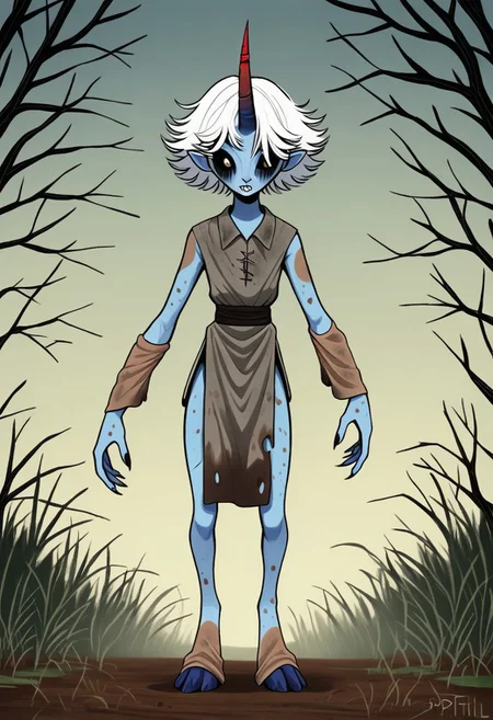 ((Alien humanoid)), solo, androgynous, aquatic features
blue skin, ((webbed skin between fingers)),
((nostrils only, nostril slits, vertical nasal slits, narrow nostrils)):1.6, ((narrow eyes)), ((black sclera, black irises)), smooth skin, pointy ears, small ears, tiny ears, holes in skin, forehead horn, short horn, veiny horn, ((single horn)):1.0, ((4 fingers)), fingernails, thin lips, ((white hair)), ((short hair, spiky hair)), sharp teeth, ((digitigrade legs)), bent legs,
full body shot
ragged clothes, muddy clothes, loincloth, tunic, dirty
Medieval style, fantasy style,
style: f33f4l,
((Variety)):1.2
((dutch angle))
river background
fully clothed, loose clothing, clean lines, smooth colors, detailed fingers, sfw, source: semi-realistic, rating: pg, score: 8 up, score: 9