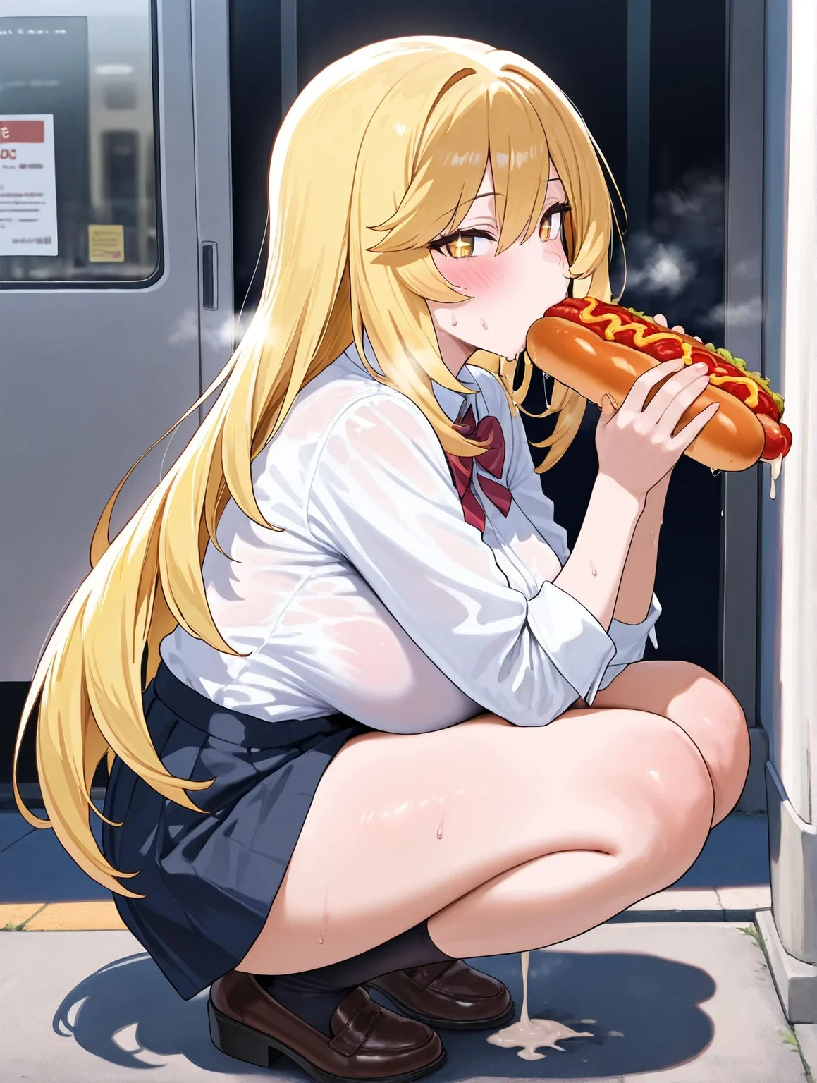 masterpiece,best quality,amazing quality,very aesthetic,absurdres,newest, huge filesize,
<lora:spo_sdxl_10ep_4k-data_lora_webui:0.5>,
<lora:add-detail-xl:1>
<lora:Eating_a_hotdog:0.7>
from side, squatting, full body, 
Eating a hotdog,
1girl,food,solo,
hot dog,blush,
sexually suggestive,
sweat,
seductive,
sexy,
food play,um in mouth,cumdrip, 
shokuhou Misaki