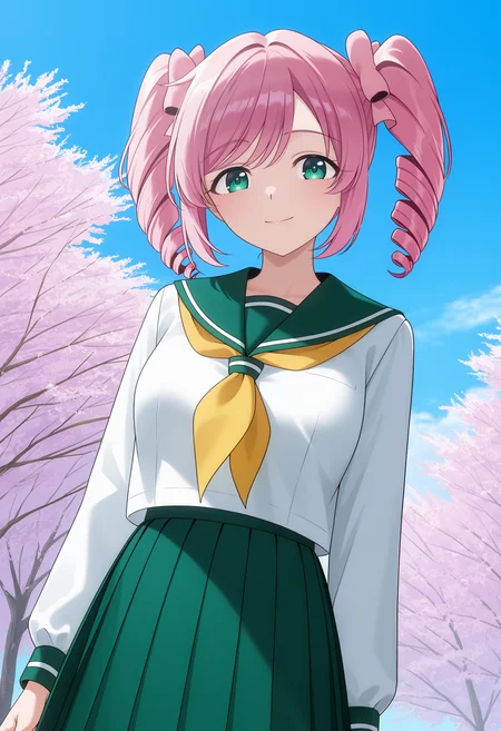 <lora:Haruka Hanabishi_illustrious-000036:1>,Haruka Hanabishi,solo,school uniform,skirt,green skirt,green sailor collar,outdoors,serafuku,pleated skirt,twin drills,sky,day,twintails,neckerchief,sailor collar,long sleeves,shirt,closed mouth,smile,white shirt,standing,looking at viewer,yellow neckerchief,blue sky,pink flower