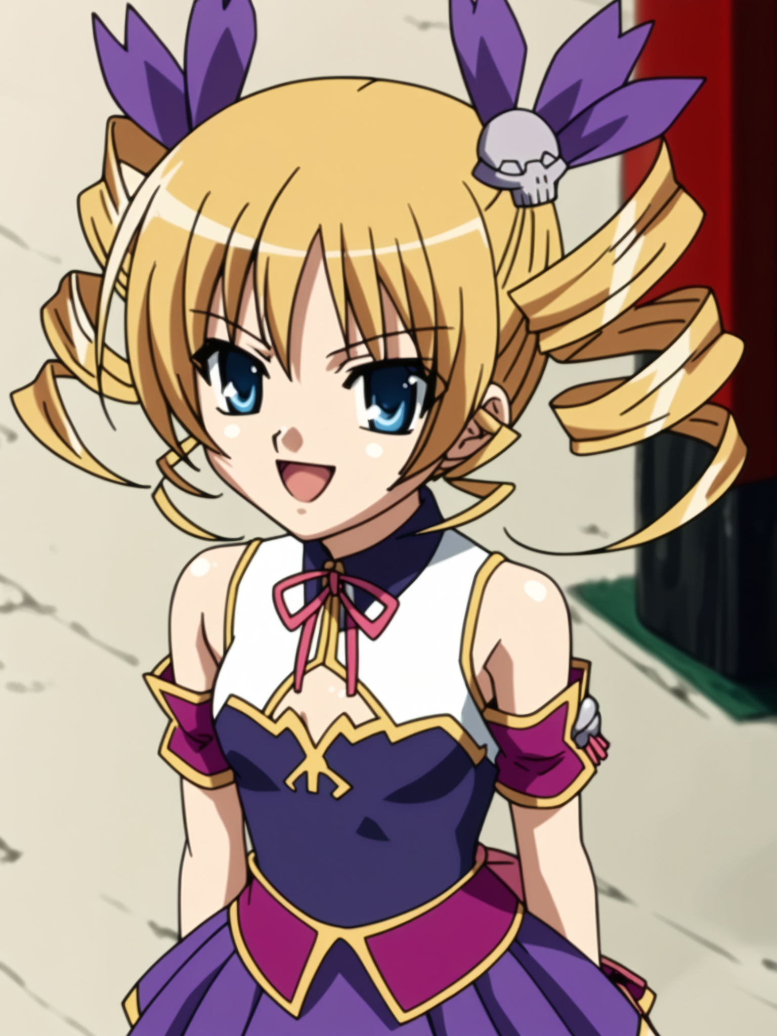 <lora:happy_tentacle-sousou-v0.4-000010:1>, ht_sousou, twin drills, hair ribbon, two-tone dress, blue dress, white dress, purple skirt, cleavage cutout, bare shoulders, armband, sleeveless, skull hair ornament, purple ribbon , cowboy shot, 1girl, (petite:1.2), solo focus, smile, open mouth, (looking away:1.1), sidelighting, (depth of field:0.8), , <lora:Shed_The_Skin's StS_age_slider_v1_initial_release:-1.2>, score_9, score_8_up, score_7_up, score_6_up, score_5_up, score_4_up,