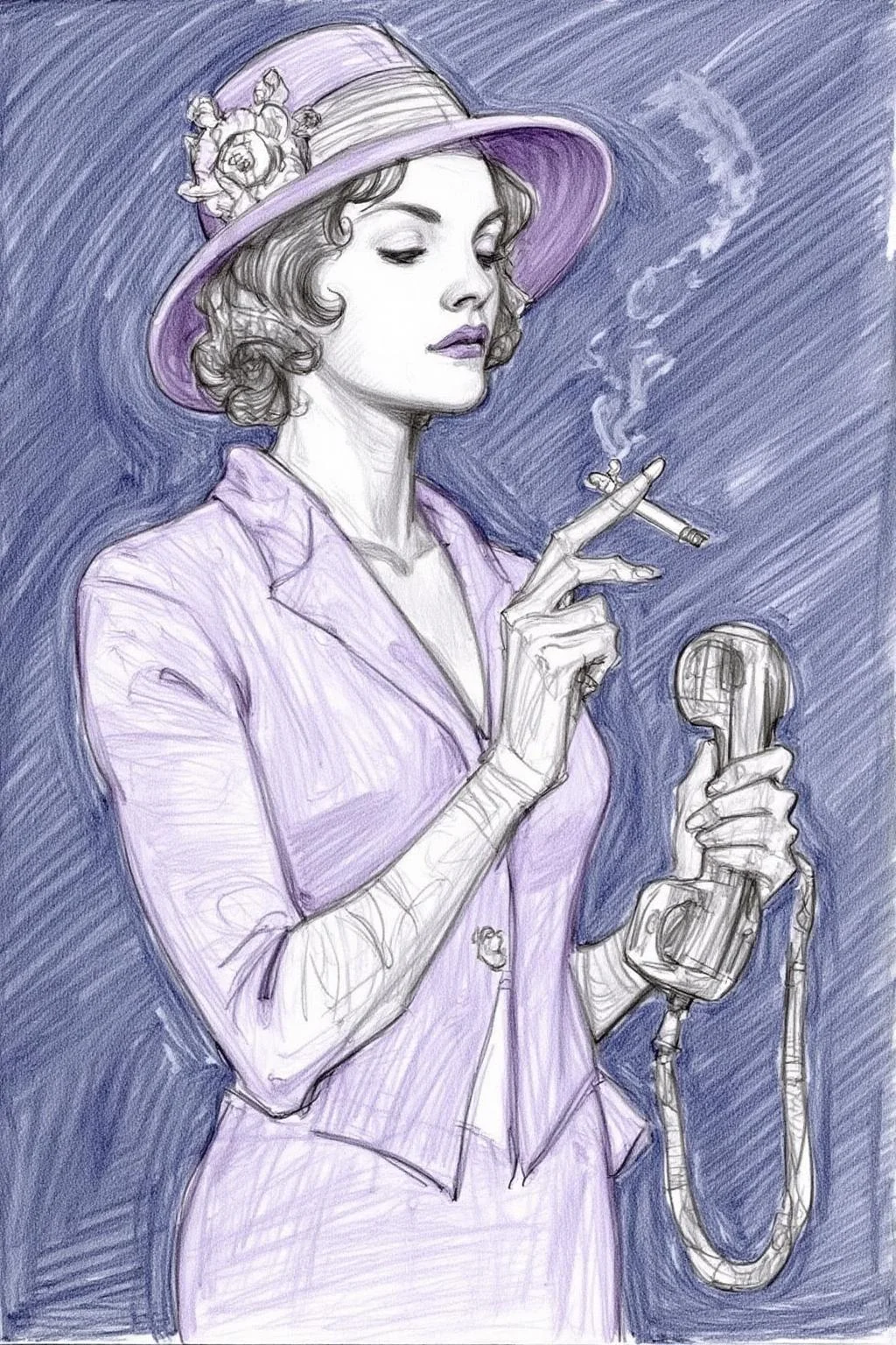 Pencil sketch.
A woman wearing a vintage 1920's hat and holding a cigarette in one hand and a telephone receiver in the other. Her eyes are closed. She is dressed in a light purple Chanel suit.. The background is a gradient of dark blue. <lora:iainmccaig1_cap_d8a4e12:1.0><lora:864354397918892583:0>