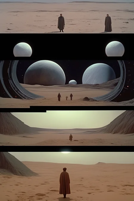 <lora:Director Ridley Scott style:1>Director Ridley Scott style - A 8k still frame high detailed, of Le voyage dans la lune2001 space odyssey Star Wars, colour aesthetic highly detailed photography scene from dune ( 2 0 2 1 )alejandro hodorovski and denis villeneuve and gregory crewdson style with ultra hyperrealistic very highly detailed faces. with many detailsandrei tarkovsky and caravaggio in sci - fi style. volumetric natural light hyperrealism photo on kodak portra 4 0 0