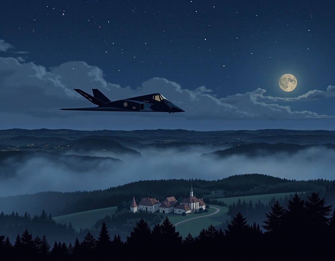 <lora:f-117-flux-000012:1.6> f-117
A sleek F-117 aircraft gliding silently above Normandy countryside under moonlight, mist curling over forests and small villages below, stars glimmering in the sky, slow steady motion from rear angle, camera slightly angled downward, mood is quiet, somber, and poetic, romantic wartime illustration style