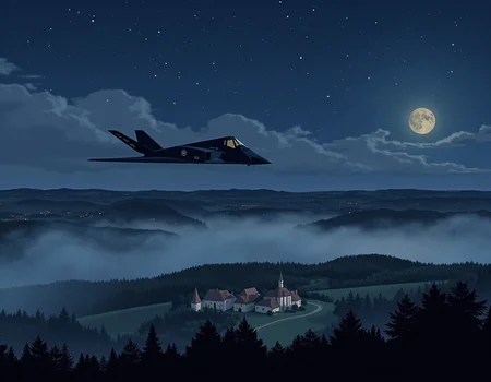 <lora:f-117-flux-000012:1.6> f-117
A sleek F-117 aircraft gliding silently above Normandy countryside under moonlight, mist curling over forests and small villages below, stars glimmering in the sky, slow steady motion from rear angle, camera slightly angled downward, mood is quiet, somber, and poetic, romantic wartime illustration style