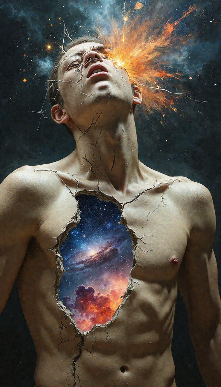 Composition and Focal Points:

Central Figure: The image centers on a partially fractured male figure, whose face and upper torso dominate the composition. The figure is tilted slightly backward, with the head thrown back, eyes closed, and mouth slightly open, conveying a mix of transcendence, agony, or ecstasy.
Fractured Cranium: The head appears cracked and broken, with a burst of cosmic energy exploding from the fractures, revealing a galactic nebula spilling out like a wound in reality.
Chest and Inner Void: The chest is cracked open, revealing a star-filled void within. The visible cosmos inside the figure suggests infinity and the universe contained within.
Background Integration: The backdrop is dark, with swirling celestial patterns and nebulas, blending seamlessly with the galactic elements emerging from the figure.
Artistic Style:

Surrealism and Cosmic Abstraction: The imagery combines surreal human anatomy with celestial and cosmic elements, creating a metaphorical exploration of inner worlds and transcendence.
Hyperrealistic Details: The cracked texture of the skin, the anatomical accuracy of the figure, and the intricate rendering of galaxies add a lifelike yet surreal quality.
Color Palette:

Earth Tones and Cosmic Hues: The figure is rendered in naturalistic, earthy beige and tan tones, contrasting sharply with the vibrant blues, reds, and whites of the cosmic energy.
Celestial Glow: The galactic elements include bright, glowing stars, fiery reds, and ethereal blues, providing a striking contrast to the muted tones of the figure’s fractured exterior.
Shadow and Light: The interplay of light highlights the face and fractures, emphasizing the glowing energy within, while deep shadows around the edges enhance the mystery and depth.
Lighting and Tonal Qualities:

Dynamic Illumination: The brightest light comes from within the cosmic voids, particularly the explosion from the head and chest. This internal lighting contrasts with the external dimness, symbolizing inner illumination amidst outer decay.
Subtle Gradations: The soft transitions in the background from dark cosmic tones to lighter nebula-like clouds create depth and dimensionality.
Contrast Between Life and Decay: The cracked, lifeless exterior contrasts with the vibrant, glowing interior, suggesting a theme of life emerging from destruction.
Textures and Patterns:

Cracked Skin: The surface of the figure is rough, broken, and weathered, resembling dried earth or ancient stone, emphasizing vulnerability and impermanence.
Galactic Fluidity: The cosmic elements are fluid and organic, with swirling patterns of nebulas and star clusters flowing out of the cracks.
Duality of Solidity and Immateriality: The figure’s solid, crumbling exterior juxtaposes with the formless, infinite quality of the galaxies within.
Mood and Atmosphere:

Transcendence and Suffering: The expression of the figure, coupled with the cosmic elements, conveys a powerful sense of transformation, where pain and destruction lead to spiritual or universal awakening.
Mystical and Introspective: The celestial elements evoke wonder and introspection, creating an otherworldly and meditative atmosphere.
Tension Between Decay and Creation: The visual elements highlight the contrast between mortality (the fractured body) and immortality (the infinite universe within).
Symbolism and Themes:

Cosmic Humanity: The image symbolizes the idea of humans as microcosms of the universe, containing infinite potential and cosmic energy within a fragile, mortal shell.
Destruction and Renewal: The cracks and explosions signify transformation, where destruction gives way to new beginnings or enlightenment.
Connection to the Infinite: The juxtaposition of the human figure with the vastness of the cosmos speaks to the interconnectedness of humanity and the universe.
