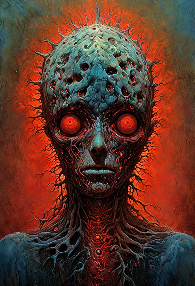 Establishing Shot painting of a ((Virus with humanoid body)) flowing (inside bloodstream) in style of [Dean Ellis: Steven DaLuz: 0.3],digital artwork by Beksinski, trypophobia:1.5, glitch, psychedelic:1.9, Psilocybin, trypophobia:1.3, hyper-detailed:1.1, ((best quality)), linquivera, masterpiece, detailed cells, (deep neurons):1.5, blacklight, scar, binary code and digital art, binary code, digital art, ral-dissolve:1.3, liiv, ((background blends with the subject nicely) in the style of EdobHorrorLandscape: digital artwork by Beksinski: 0.6)
