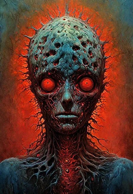 Establishing Shot painting of a ((Virus with humanoid body)) flowing (inside bloodstream) in style of [Dean Ellis: Steven DaLuz: 0.3],digital artwork by Beksinski, trypophobia:1.5, glitch, psychedelic:1.9, Psilocybin, trypophobia:1.3, hyper-detailed:1.1, ((best quality)), linquivera, masterpiece, detailed cells, (deep neurons):1.5, blacklight, scar, binary code and digital art, binary code, digital art, ral-dissolve:1.3, liiv, ((background blends with the subject nicely) in the style of EdobHorrorLandscape: digital artwork by Beksinski: 0.6)