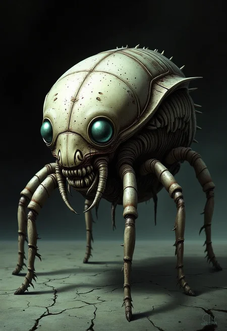 yfg-bgy an insectoid creature with a pale, speckled shell dominates the frame. it features a pronounced head with large, glowing eyes and a visible, toothed maw. six jointed, spindly legs support the body, which has ridged detailing along its back. the creature stands on a cracked, grey-green surface. the background is a dark, almost featureless expanse. the image blends science fiction and fantasy elements, with a focus on texture and anatomical detail. the overall tone is unsettling and otherworldly.