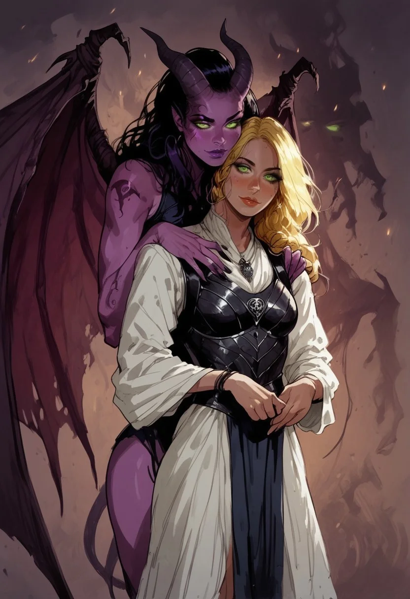safe_pos, score_9, score_8_up, score_7_up, BREAK, 1woman portrait, dramatic lights ((human, mage, wizzard, soreceress, green eyes, blonde hair, white robe, white toga, white armor, armor))
BREAK +(1 woman, standing behind, demon, horns, demon girl, shadow, female demon, hands on the shoulders, purple skin, succubus, shadowy figure, shadowy, wings, (purple skin:1;3,) seductive look, seductive, light purple skin, black hair, goth, goth tiefling, goth makeup, purple eyes, lora:goth_tiefling_woman:0.7)
<lora:Fant5yP0ny:0.6> <lora:fantasy_world_pony:0.9>
<lora:Cherry-Gig:0.55>
