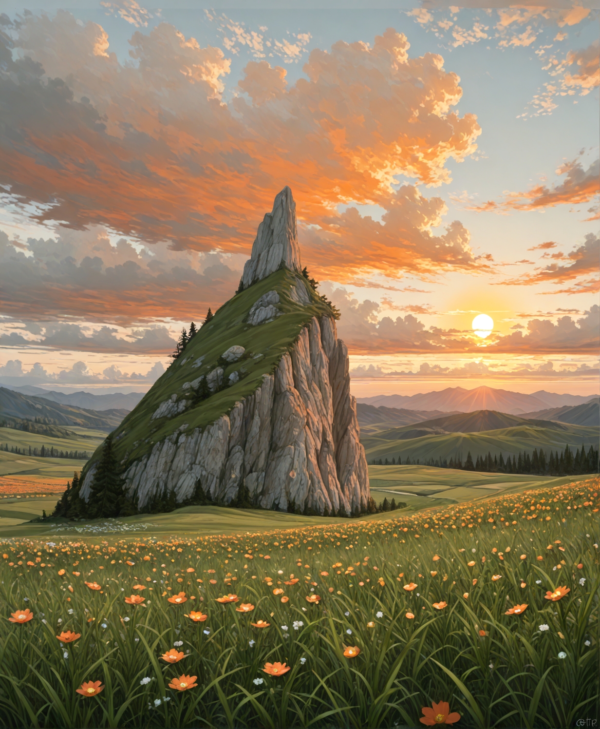 masterpiece, best quality, amazing quality, very aesthetic, perfect eyes, Sinozick_illu, crestyle, Sinozick_illu, gr4ph1t3,
,flower, outdoors, sky, cloud, no_humans, cloudy_sky, grass, scenery, sunset, rock, mountain, sun, field,A stunning landscape photograph of a rocky mountain peak at sunset, surrounded by lush green grass and wildflowers. The sky is filled with vibrant oranges, pinks, and purples, with fluffy white clouds scattered across the horizon. The sun is setting in the distance, casting a warm glow over the landscape. The peak is the focal point of the image, with the surrounding hills and trees providing a picturesque backdrop. The overall mood is peaceful and serene.
