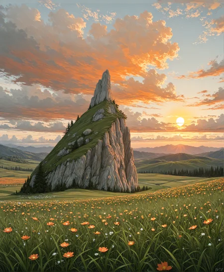 masterpiece, best quality, amazing quality, very aesthetic, perfect eyes, Sinozick_illu, crestyle, Sinozick_illu, gr4ph1t3,
,flower, outdoors, sky, cloud, no_humans, cloudy_sky, grass, scenery, sunset, rock, mountain, sun, field,A stunning landscape photograph of a rocky mountain peak at sunset, surrounded by lush green grass and wildflowers. The sky is filled with vibrant oranges, pinks, and purples, with fluffy white clouds scattered across the horizon. The sun is setting in the distance, casting a warm glow over the landscape. The peak is the focal point of the image, with the surrounding hills and trees providing a picturesque backdrop. The overall mood is peaceful and serene.