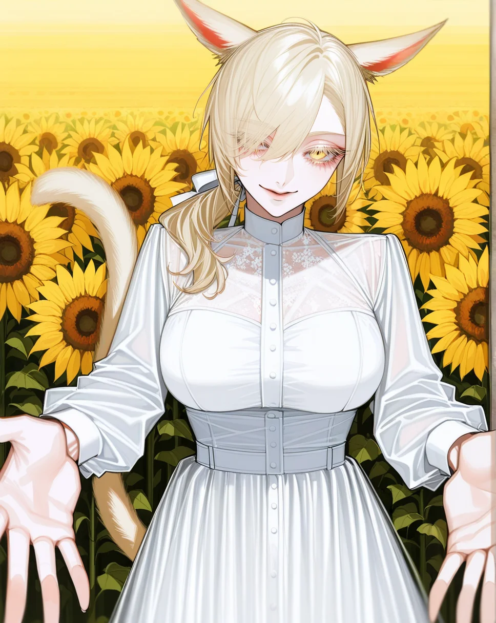 (masterpiece, best quality, 8k, absurdres, very aesthetic), uncensored, outdoors, sunflower field,
BREAK
1girl , miqo'te, cat tail, cat ears, upper body, large breasts, yellow eyes, blonde hair, hair over one eye, low ponytail, long hair, white dress, eyelashes, colored eyelashes, looking at viewer,seductive smile, standing, incoming hug,
<lora:Au_(D_Elete)-ill-Fandingo:1>