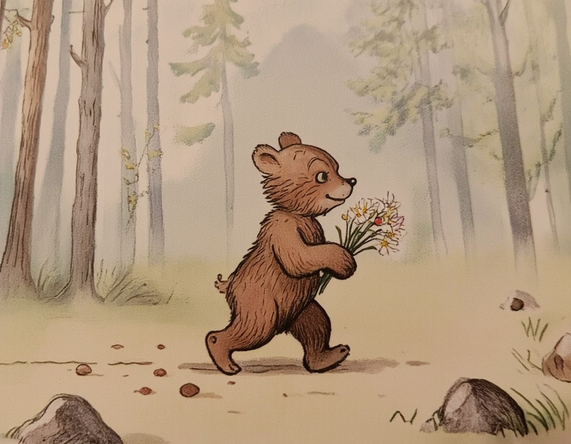 <lora:suteev:1>, A cheerful little bear walking through a forest holding a bunch of flowers, in the style of Vladimir Suteev â soft lines, warm pastel colors, whimsical and childlike atmosphere.
