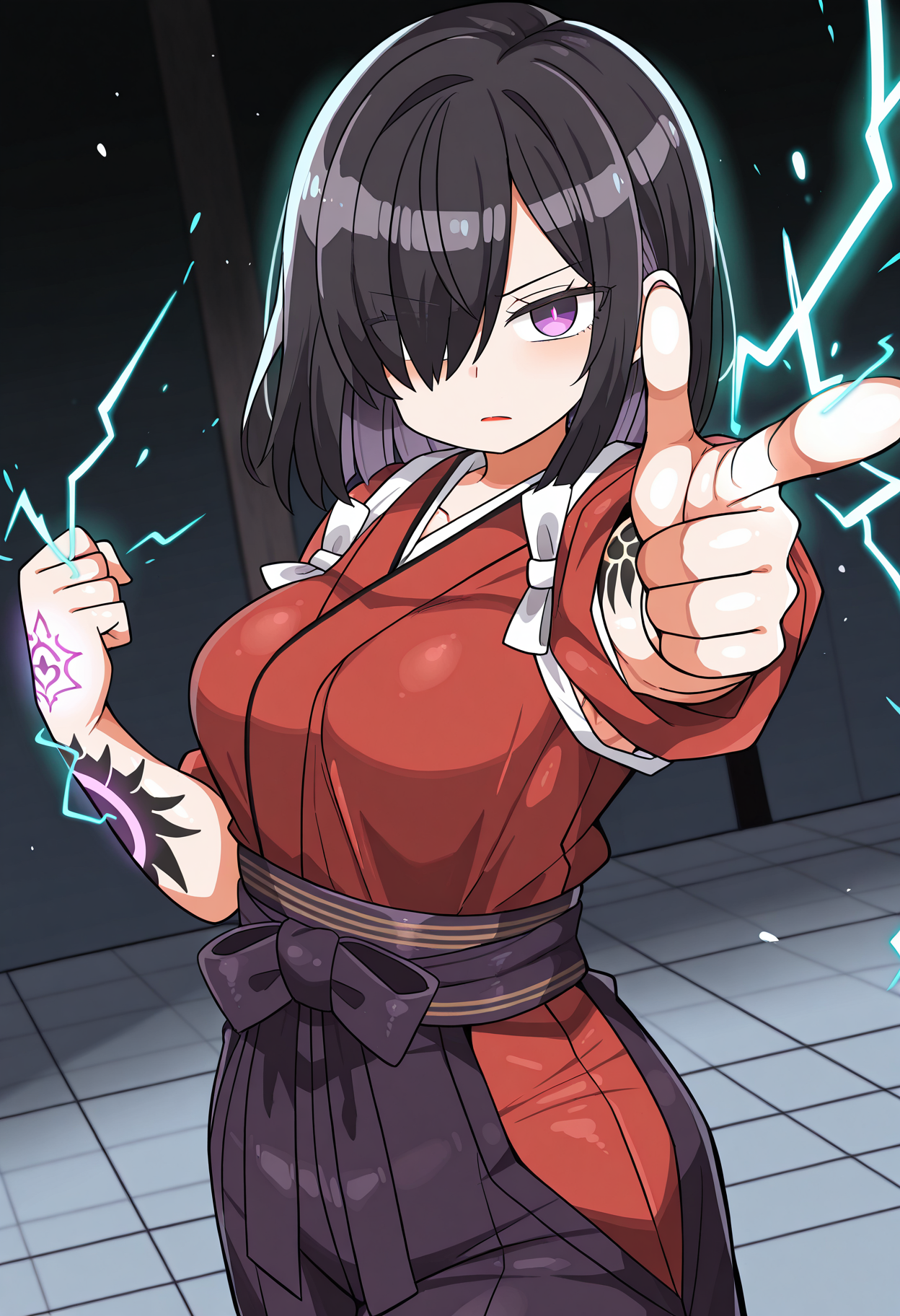 masterpiece,best quality,amazing quality,
1girl, black hair, pale skin, purple eyes, hair over one eye, medium hair, medium breasts, red lipstick,
japanese clothes, red clothes, sleeves rolled up, arm tattoo, glowing lines, geometric pattern, glowing tattoo, electricity, electrokinesis, green electricity, serious, finger gun ,dynamic angle, pointing at viewer,
<lora:kanikamaIL-style:1>, kanikamastyle,