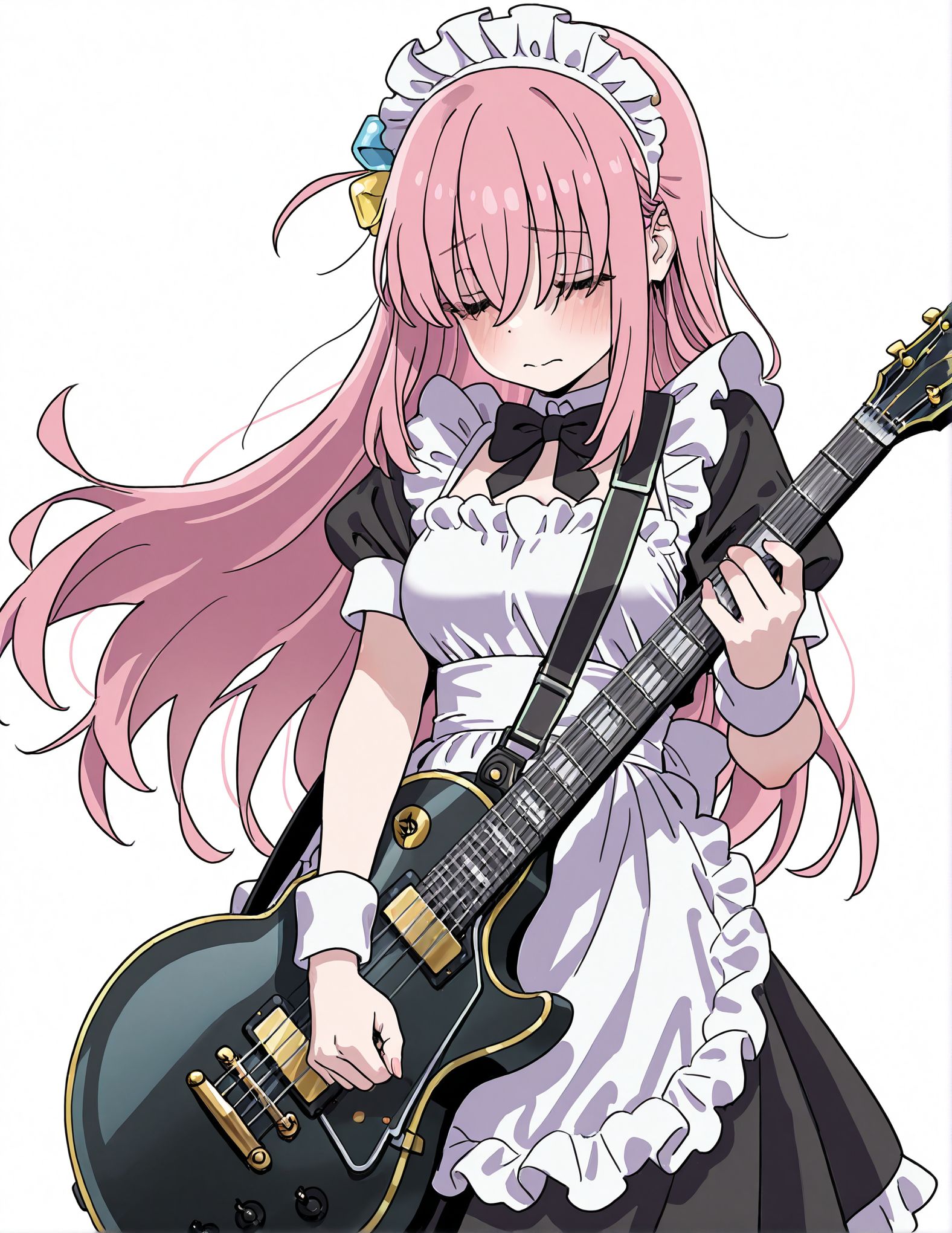 masterpiece,best quality,amazing quality,very aesthetic,absurdres,newest, huge filesize,
<lora:spo_sdxl_10ep_4k-data_lora_webui:0.5>,
1girl, solo, guitar, pink hair, maid headdress, instrument, maid, long hair, electric guitar, cube hair ornament, apron, white background, closed eyes, hair ornament, gibson les paul,
gotoh hitori, 
<lora:Yamashita_shunya_STYLE:0.8>  
Yamashita_shunya_STYLE,