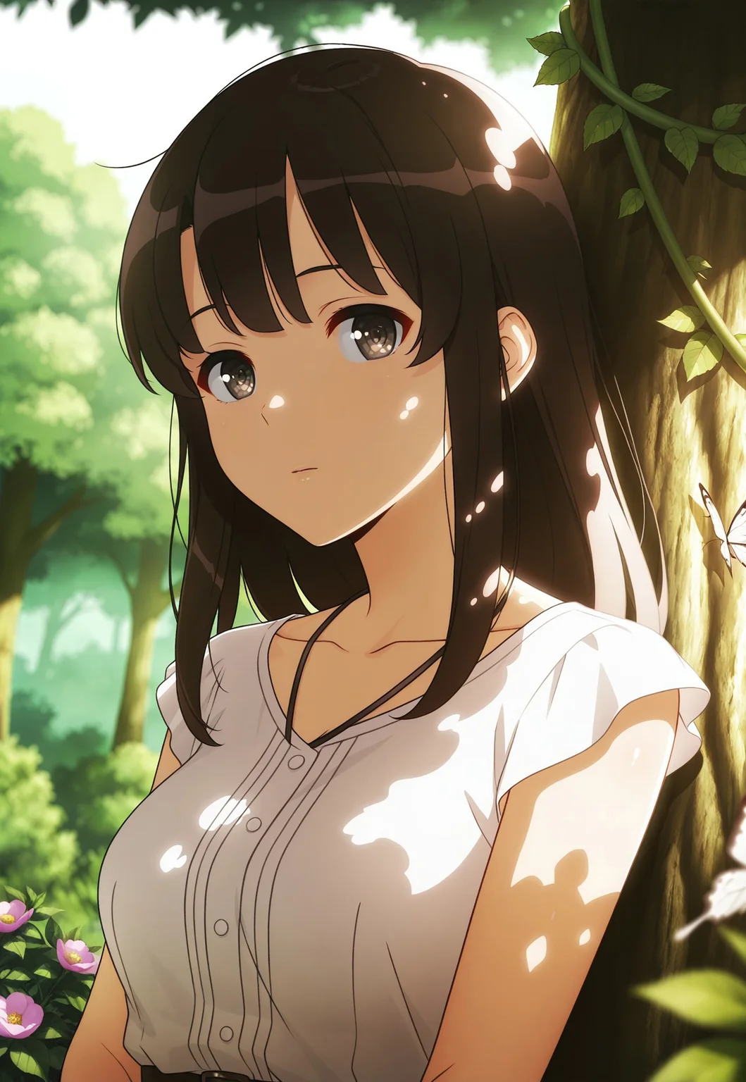 safe_pos, masterpiece, best quality, amazing quality, very aesthetic, high resolution, ultra-detailed, absurdres, newest, scenery, (dappled sunlight:1.2), rim light, backlit, dramatic shadow, <lora:megumikatoIL:1>, katomegumi, animated, 1girl,solo,black hair,bangs,brown eyes,pupils,long hair ,medium breasts, white dress, collarbone , forest, flowers, white butterfly, looking at viewer, leaning side against tree, vines, green, arms, upper body, close-up, dutch angle, shiny skin, BREAK, eyes, dramatic shadow, depth of field, detailed eyes and skin, detailed hair, vignetting, masterpiece, best quality, amazing quality, very aesthetic, high resolution, ultra-detailed, absurdres, newest, scenery, volumetric lighting, ((eye fix))
