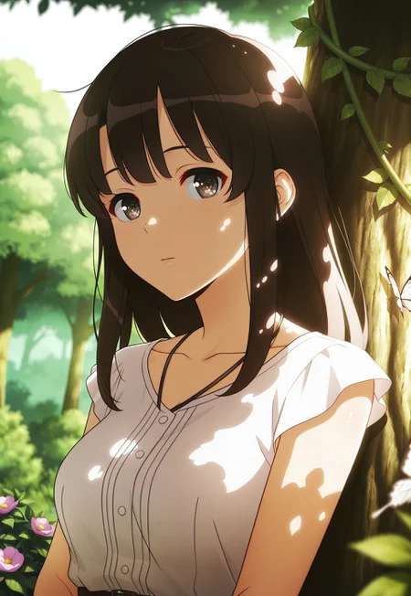 safe_pos, masterpiece, best quality, amazing quality, very aesthetic, high resolution, ultra-detailed, absurdres, newest, scenery, (dappled sunlight:1.2), rim light, backlit, dramatic shadow, <lora:megumikatoIL:1>, katomegumi, animated, 1girl,solo,black hair,bangs,brown eyes,pupils,long hair ,medium breasts, white dress, collarbone , forest, flowers, white butterfly, looking at viewer, leaning side against tree, vines, green, arms, upper body, close-up, dutch angle, shiny skin, BREAK, eyes, dramatic shadow, depth of field, detailed eyes and skin, detailed hair, vignetting, masterpiece, best quality, amazing quality, very aesthetic, high resolution, ultra-detailed, absurdres, newest, scenery, volumetric lighting, ((eye fix))