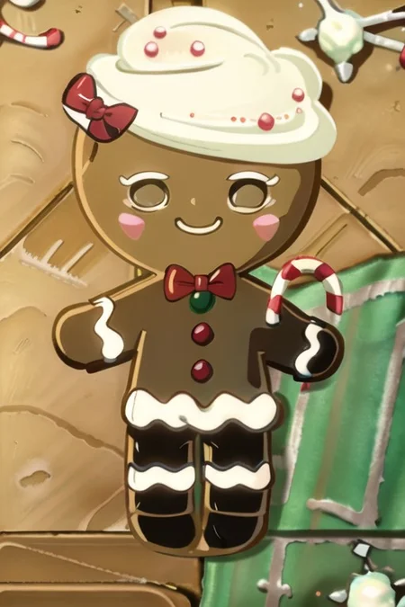 OverallDetail, male, solo, Gingerbread_Man, made of gingerbread, food focus, no humans, food creature, living cookie, frosting, frosting hair, (head tuft:1.2), blush stickers, plate, table, tablecloth, on table, walking, tiny, curly hair, bow tie, tailcoat, long sleeves, formal wear, top hat, candy cane, masterpiece, extreme detail, candy, simple face, dot eyes, high-angle view, standing, inside, kitchen, looking at viewer, smile, half-closed eyes smug, cute, chibi