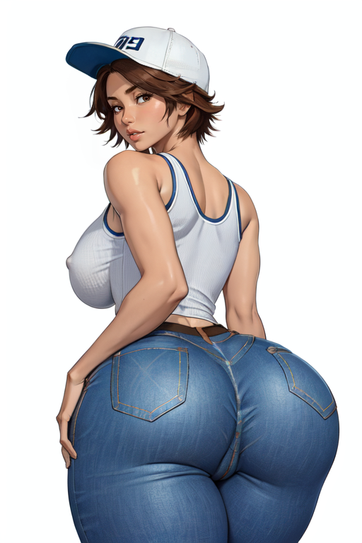 masterpiece,best quality,extreme detail,8k,<lora:asuka:0.6>,white background,asukakazama2,1girl,solo,breasts,looking at viewer,short hair,large breasts,brown hair,hat,bare shoulders,brown eyes,ass,looking back,pants,from behind,covered nipples,lips,cameltoe,tank top,bent over,baseball cap,backwards hat,