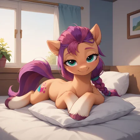 safe_pos, score_9,score_8_up,score_7_up,score_6_up, Expressiveh, source_pony,1girl:1.4, pony, my little pony, full body:1.4, sunny starscout, pony, blushing, bedroom eyes, on bed, lying on stomach, from the front, front legs crossed, head resting on pillow, adorable, full body, demure:1.4, incredible detail, indoors, night