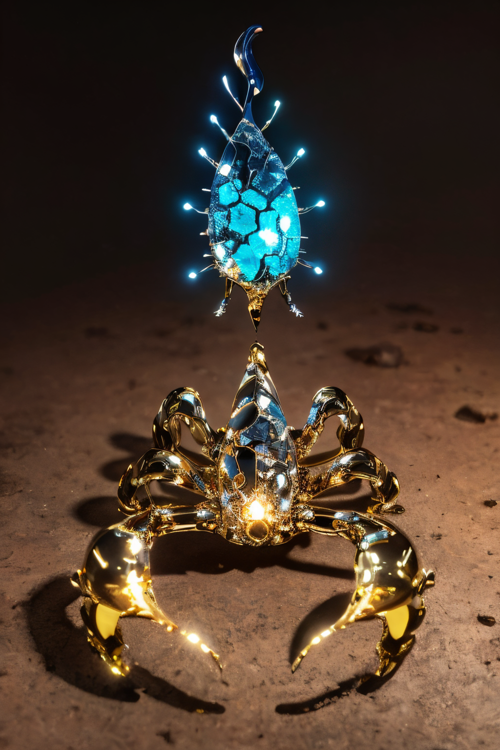 (Realistic:1.5) EdobScorpion, ground vehicle, shoes, blue hair, plant, gold, striped background, molten rock, 1girl, solo, lights, eyelashes,  <lora:EdobScorpionArtistic_v1.0:0.8>