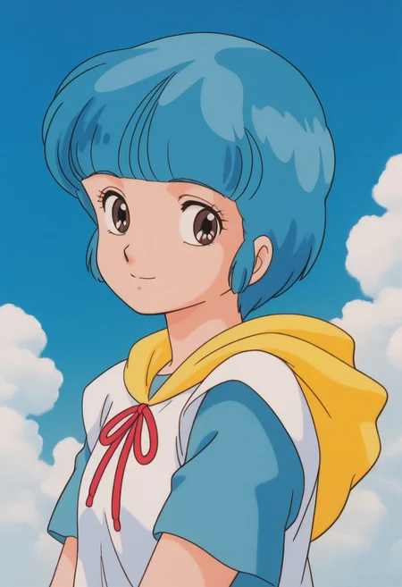 masterpiece, best quality, source_anime,official art,perfect_anatomy,1990s_\(style\),retro_artstyle,yuu morisawa,1girl,brown eyes,blue hair,short hair,bangs,hood,short sleeves,(looking_at_viewer,smile),upper body,close to viewer,day,blue_sky,cloud