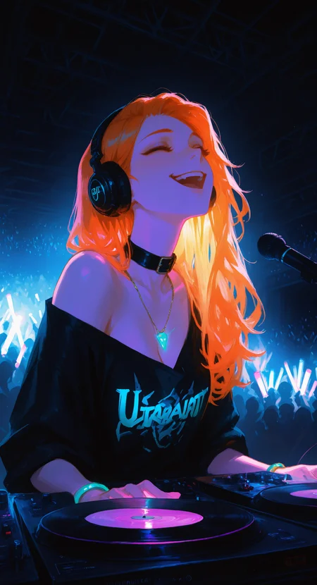 masterpiece, best quality, good quality, very aesthetic, absurdres, newest, 1girl, long_hair, smile, open_mouth, shirt, cleavage, jewelry, bare_shoulders, medium_breasts, closed_eyes, teeth, solo_focus, indoors, off_shoulder, necklace, orange_hair, collar, bracelet, black_shirt, upper_teeth_only, headphones, microphone, black_collar, crowd, turntable, record, glowstick,ultraviolet light,dim lighting <lora:ponyv5_noobV065S_1_adamW-000013:0.7> <lora:USNR_STYLE_XL_lokr:0.45> <lora:EtherSDXL:0.15> <lora:748cmSDXL:0.4> <lora:DarkerThanDarkIllustriousV1:0.5>