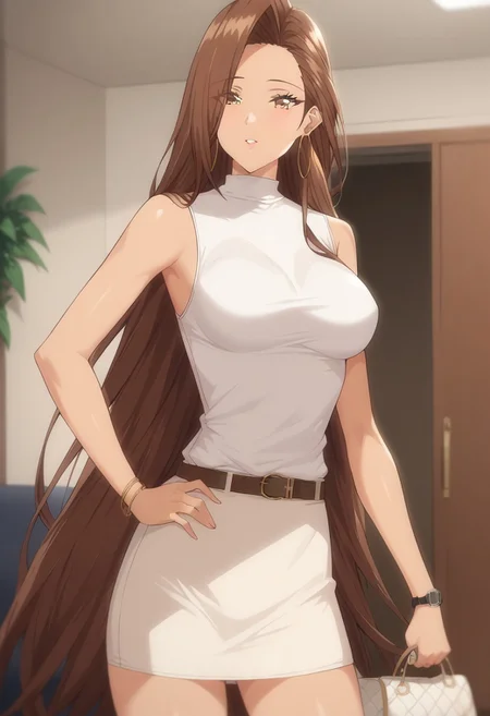 score_9,score_8_up,score_7_up,score_6_up,blurry, blurry background,1girl,hamazakirisa,brown eyes,long hair,very long hair,brown hair,skirt,white skirt,sleeveless shirt,shirt,sleeveless,white shirt,breasts,bag,handbag,holding bag,wristwatch,earrings,hoop earrings,jewelry,belt,sexy thighs,upper body,volumetric light,standing,posing,friendly,indoors,living room,cowboy shot,dutch angle
