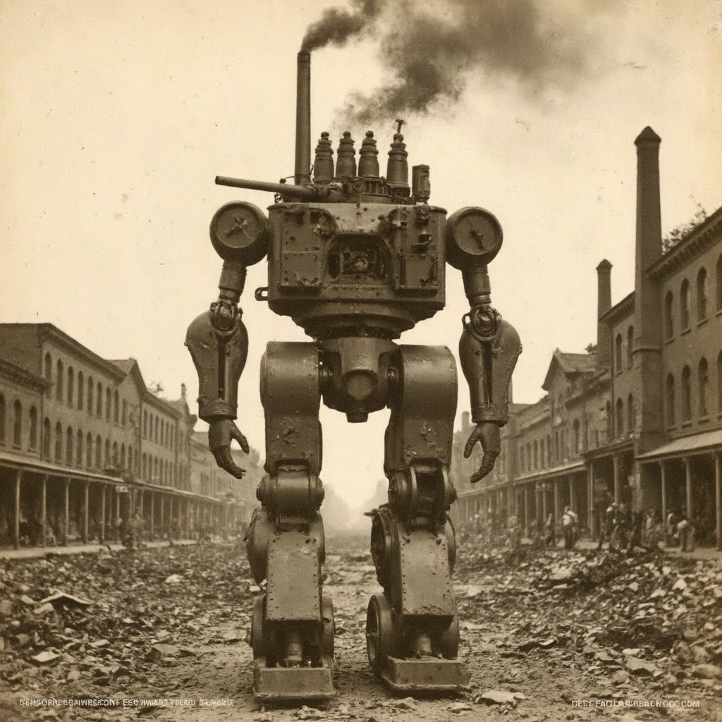 An aged worn sepia monochrome 1800s photograph of a steam powered mecha, turret with canon, walking robot, smokestacks up top, thick black smoke, walking through a war-damaged city,