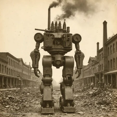 An aged worn sepia monochrome 1800s photograph of a steam powered mecha, turret with canon, walking robot, smokestacks up top, thick black smoke, walking through a war-damaged city,
